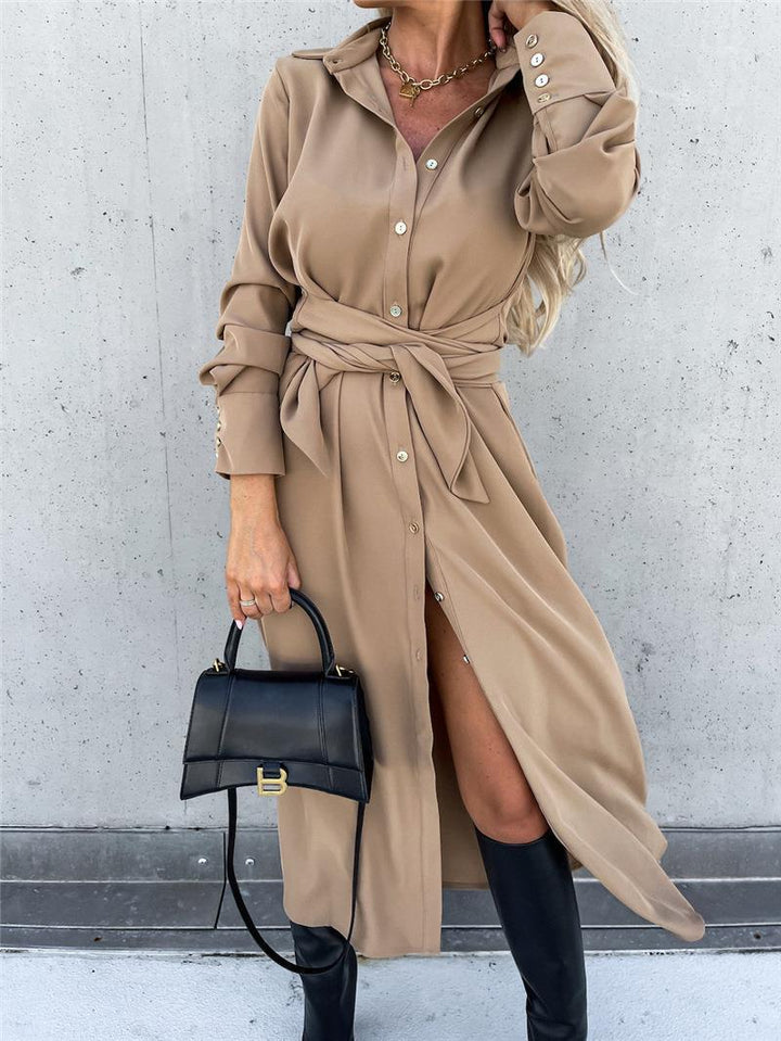 Women's Tailored Shirt Blouse Midi Dress with Tied Belt, Cuffs and Front Slit Mune Fashion