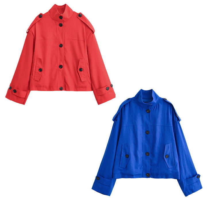 Women's short jacket in boxy worker style with stand-up collar, shoulder epaulettes, and applied flap pockets Mune Fashion