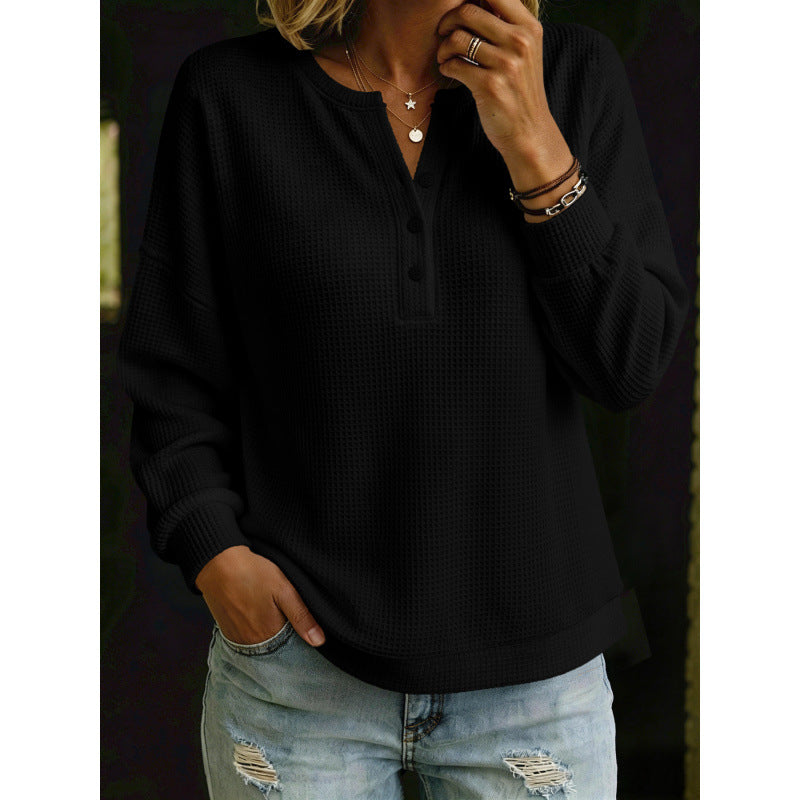 Women's Waffle Knit Henley Sweater with Oversized Cut Mune Fashion