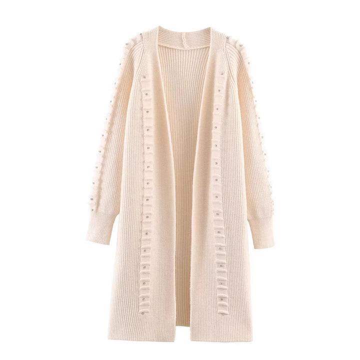 Women Longline Knit Cardigan with Pearl Trim and Ribbed Cuffs Mune Fashion