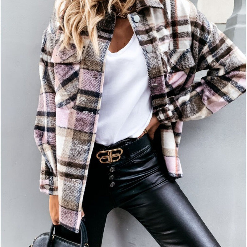 Women Oversized Check Shirt Jacket with Snap Buttons and Patch Chest Pockets Mune Fashion
