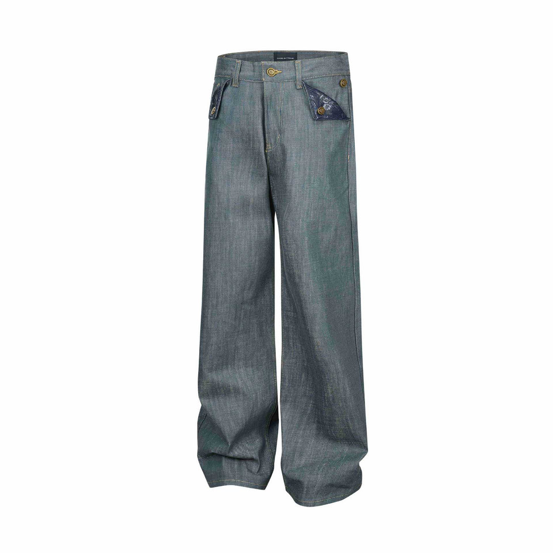 Ladies Wide High-Waist Jeans with Decorative Cuff Pockets Mune Fashion