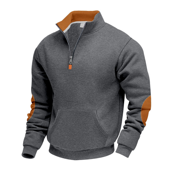Men's Nano Insulated Half-Zip Pullover with Stand-Up Collar Fleece Lining Kangaroo Pocket and Suede Elbow Patches Mune Fashion
