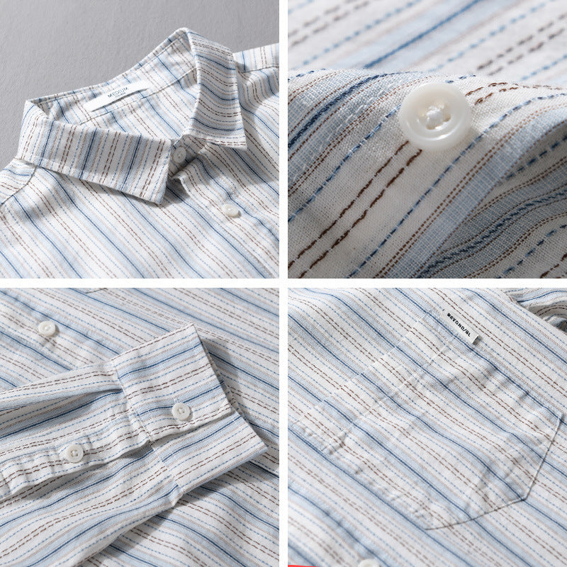 Men's Striped Linen Blend Shirt in Relaxed Fit with Kent Collar and Chest Pocket Mune Fashion