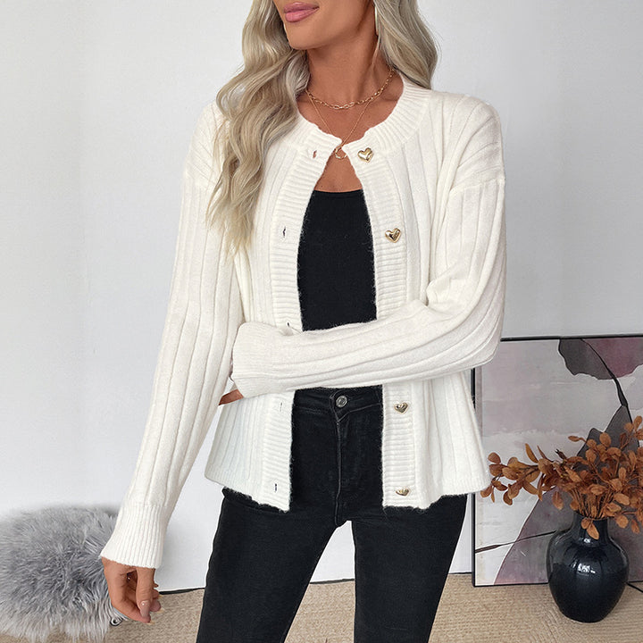 Women Ribbed Knit Cardigan with Heart Button Placket Mune Fashion