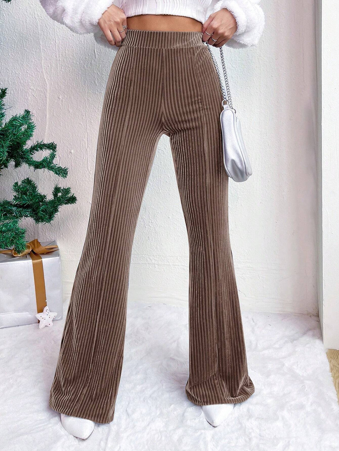 Women's High-Waisted Ribbed Velvet Pants with Wide Legs Mune Fashion