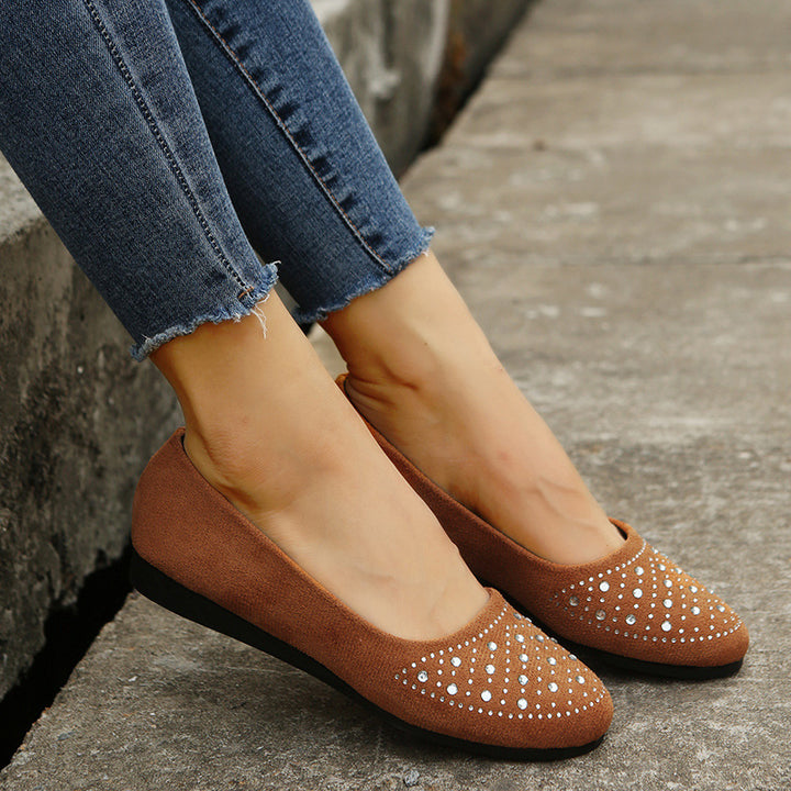Women's flat ballerina slippers made of imitation suede with rhinestone appliqué and padded comfort insole Mune Fashion