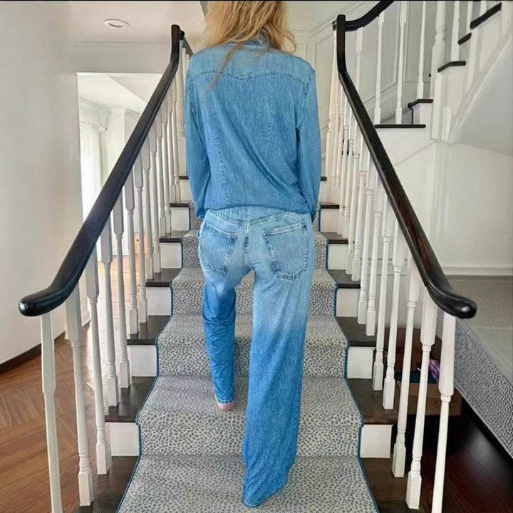 Women Relaxed Denim Loungewear Set with Oversized Shirt and Wide Flare Pants Mune Fashion