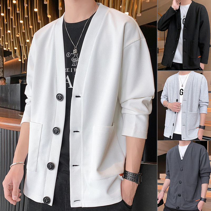 Men's Structured Cardigan with V-Neck, Three-Button Front and Patch Pockets Mune Fashion