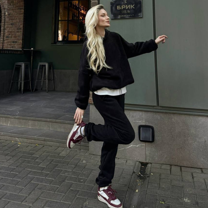 Women's cozy sweat set with extra long hooded sweater, concealed kangaroo pocket and tapered cuff pants Mune Fashion