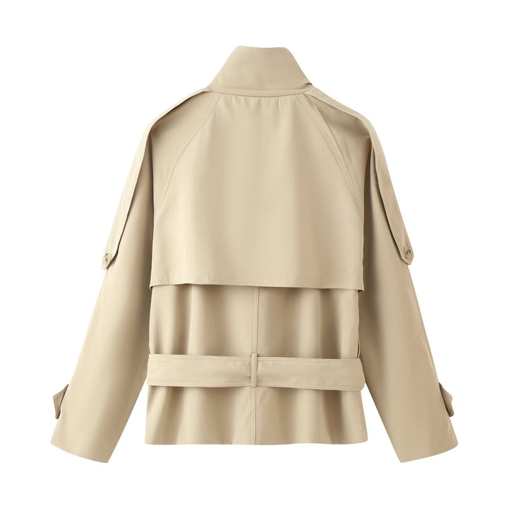Women Short Trench Coat with Waist Belt and Stand-Up Collar Mune Fashion