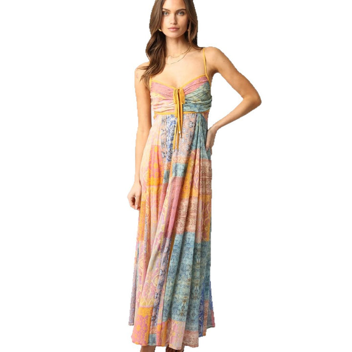 Ladies' ankle-length maxi dress with gathered bustier, drawstring, and patchwork print Mune Fashion