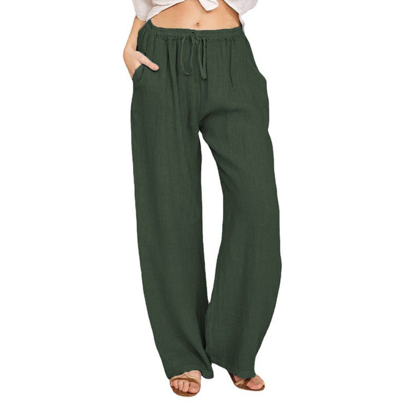 Women's Wide Linen Look Pants with Elastic Waistband, Drawstring and Side Pockets Mune Fashion