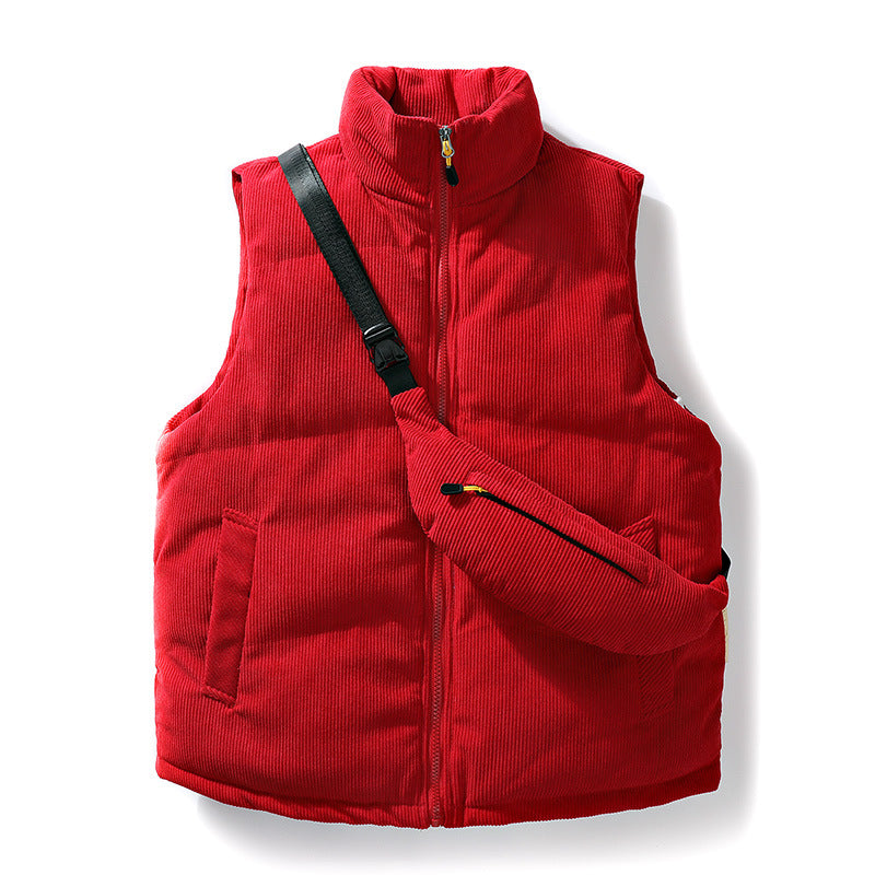 Men's Padded Fine Cord Quilted Vest with High Stand-Up Collar and Integrated Crossbody Fanny Pack Mune Fashion