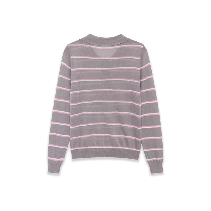 Women's fine knit polo sweater with button placket and fine horizontal stripes Mune Fashion