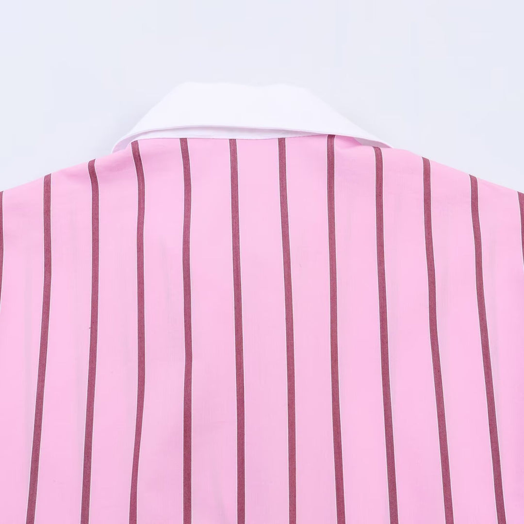 Women’s Oversize Shirt Blouse in Silk Look with Contrast Collar and Vertical Stripe Structure Mune Fashion