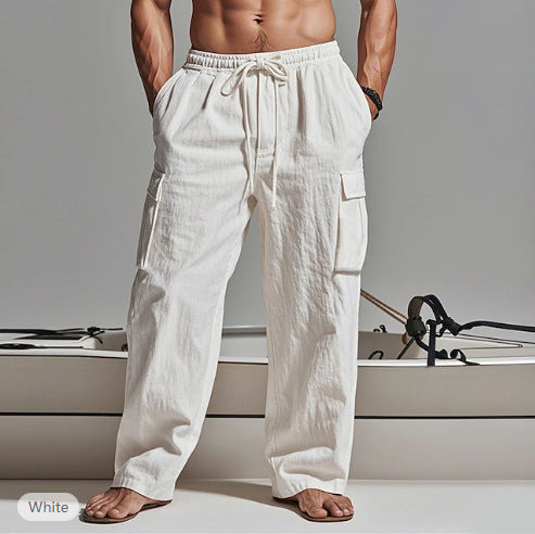 Men's loosely cut linen cargo pants with elastic waistband and drawstring Mune Fashion