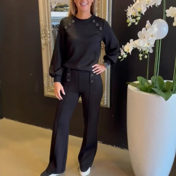 Women's sporty-elegant jersey two-piece set with eyelet decoration, high-waisted wide-leg pants in Marlene style Mune Fashion