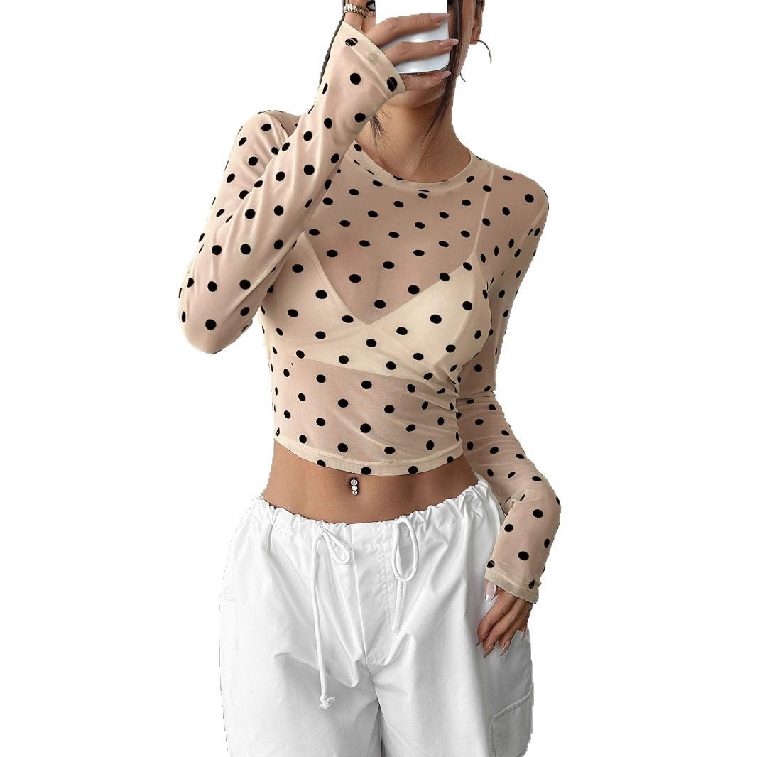 Women’s belly-free mesh fabric top with polka dot pattern and integrated bustier Mune Fashion
