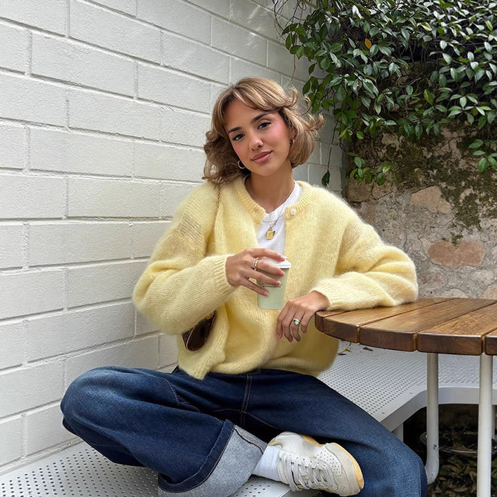 Women's Fluffy Short Jacket made of Mohair Mix with Round Neck and Boxy Silhouette Mune Fashion