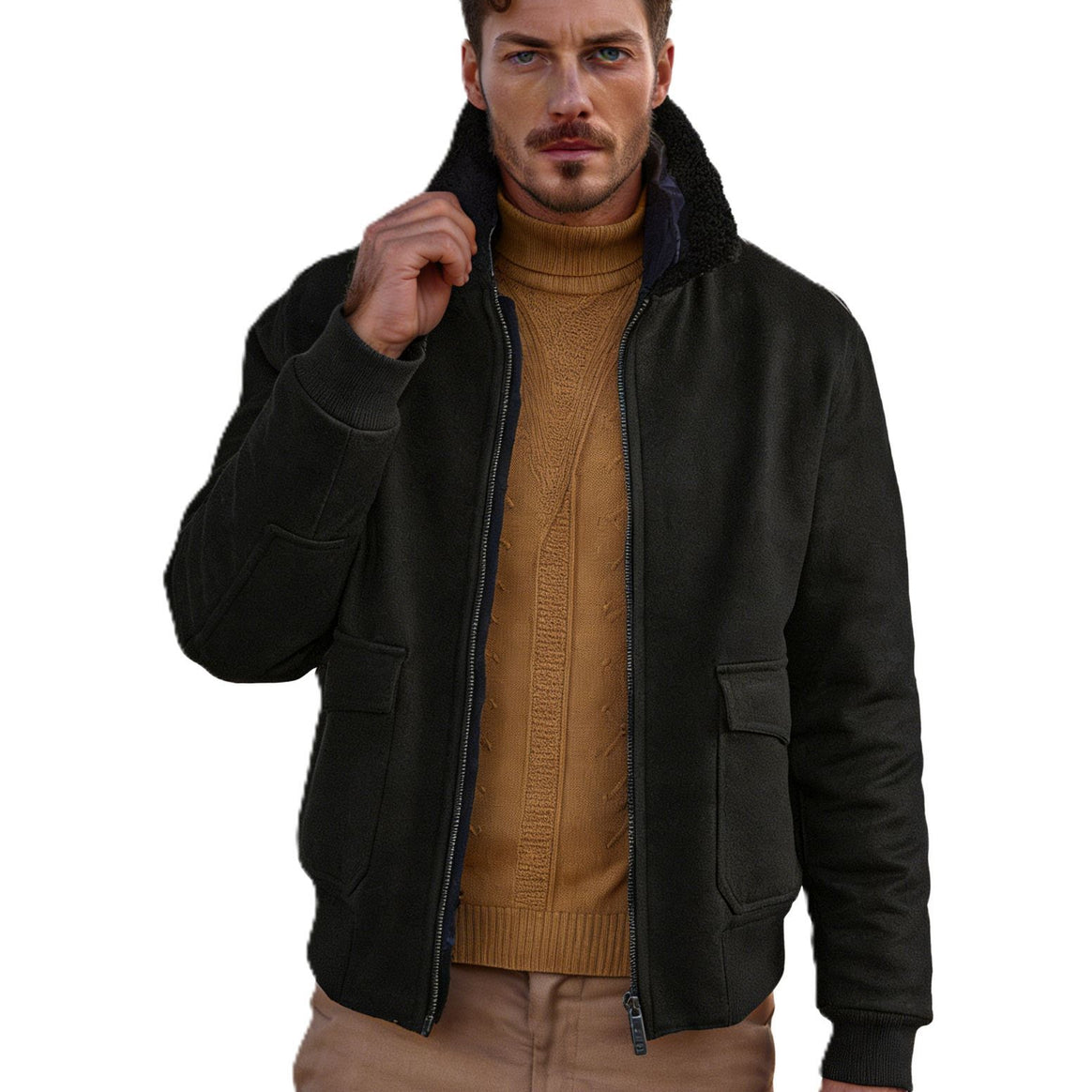 Men's Short Bomber Jacket with Teddy Collar, Cargo Flap Pockets and Zipper Mune Fashion