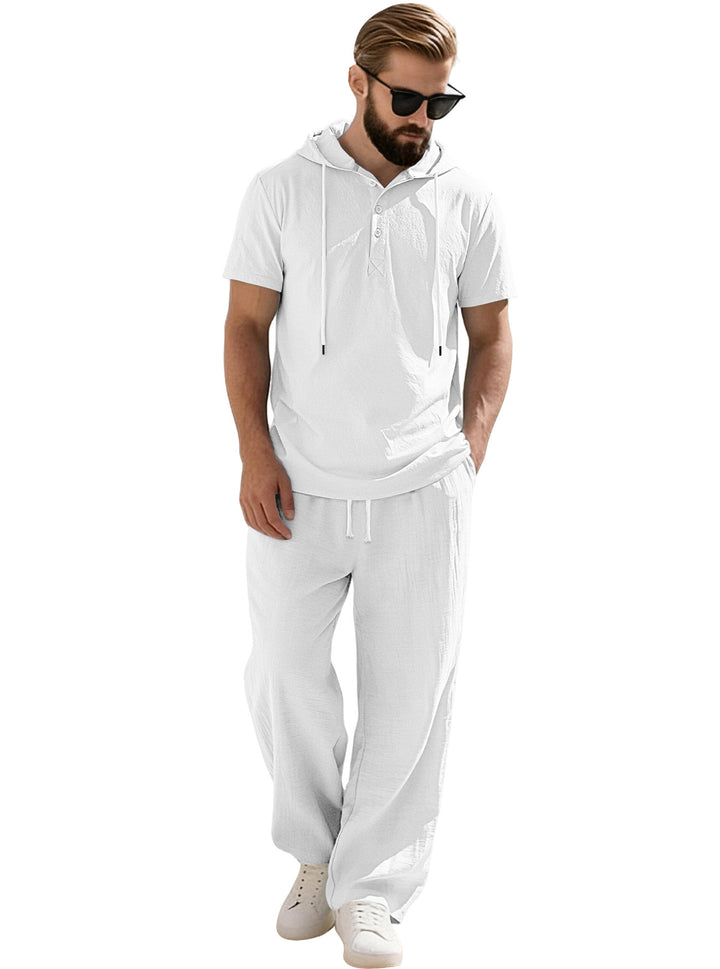 Men's casual short-sleeve hooded shirt in crinkled cotton blend with Henley button placket Mune Fashion