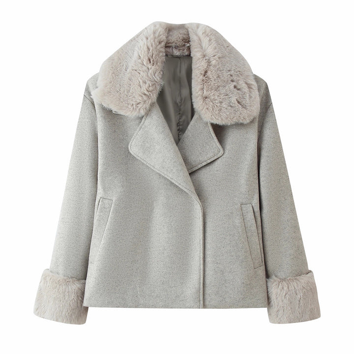Women Short Wool Blend Coat with Removable Faux Fur Collar and Cuffs Mune Fashion