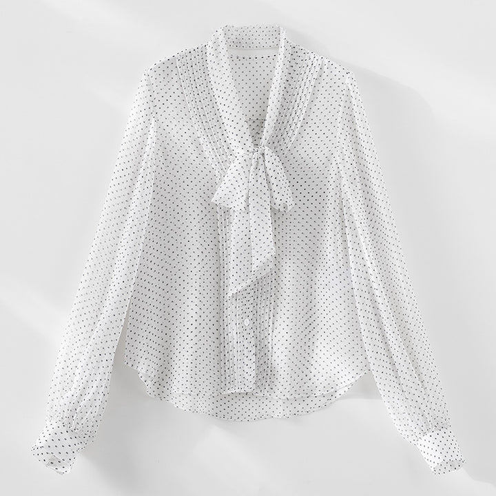Women Chiffon Blouse with Bow Collar, Polka Dot Pattern and Pleat Detail Mune Fashion