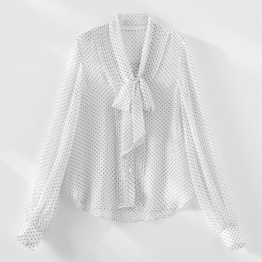 Women Airy Polka-Dot Loop Blouse with Bow Collar, Pleated Front and Cuff Sleeves Mune Fashion