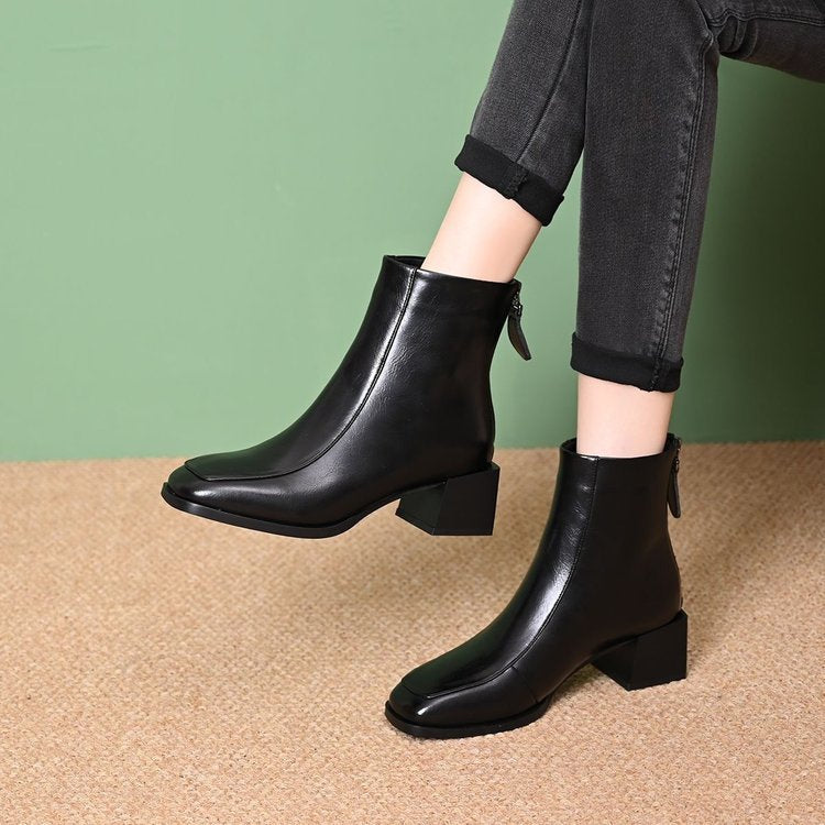 Women's Elegant Ankle Boots with Block Heel and Zipper Mune Fashion
