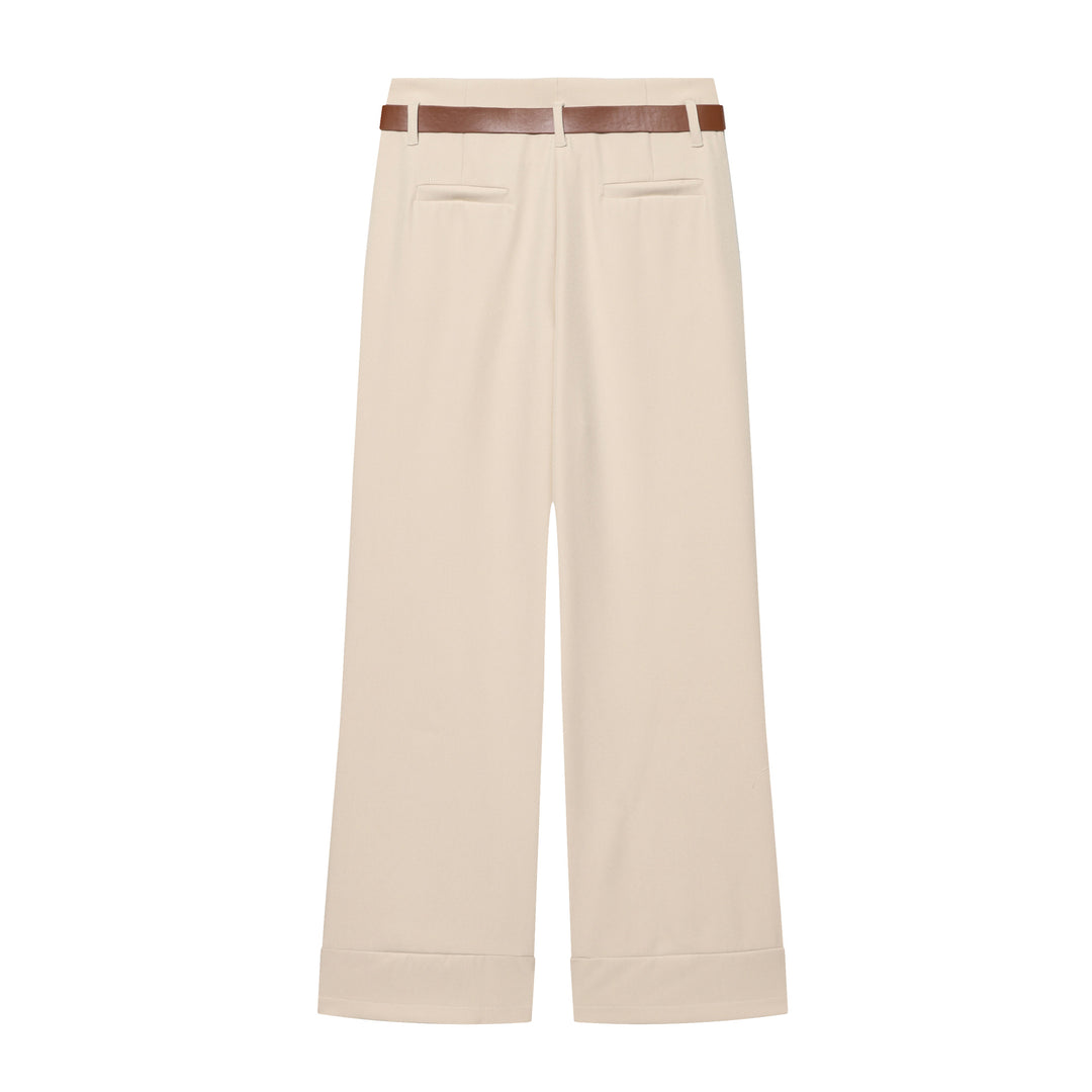 Women Wide High-Waist Trousers with Cuffed Hem, Pleat and Waist Belt Mune Fashion