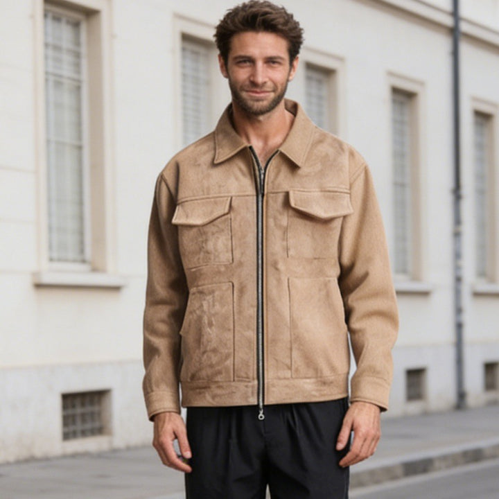 Men's oversized suede jacket with zipper, shirt collar, and patch pockets Mune Fashion