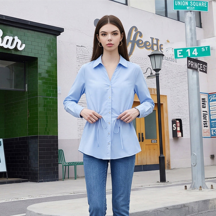 Women Lightweight Blouse with Drawstring Waist and Classic Shirt Collar Mune Fashion