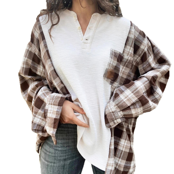 Women's checkered flannel overshirt with patch chest pocket, roll-up sleeves, and relaxed oversized fit Mune Fashion