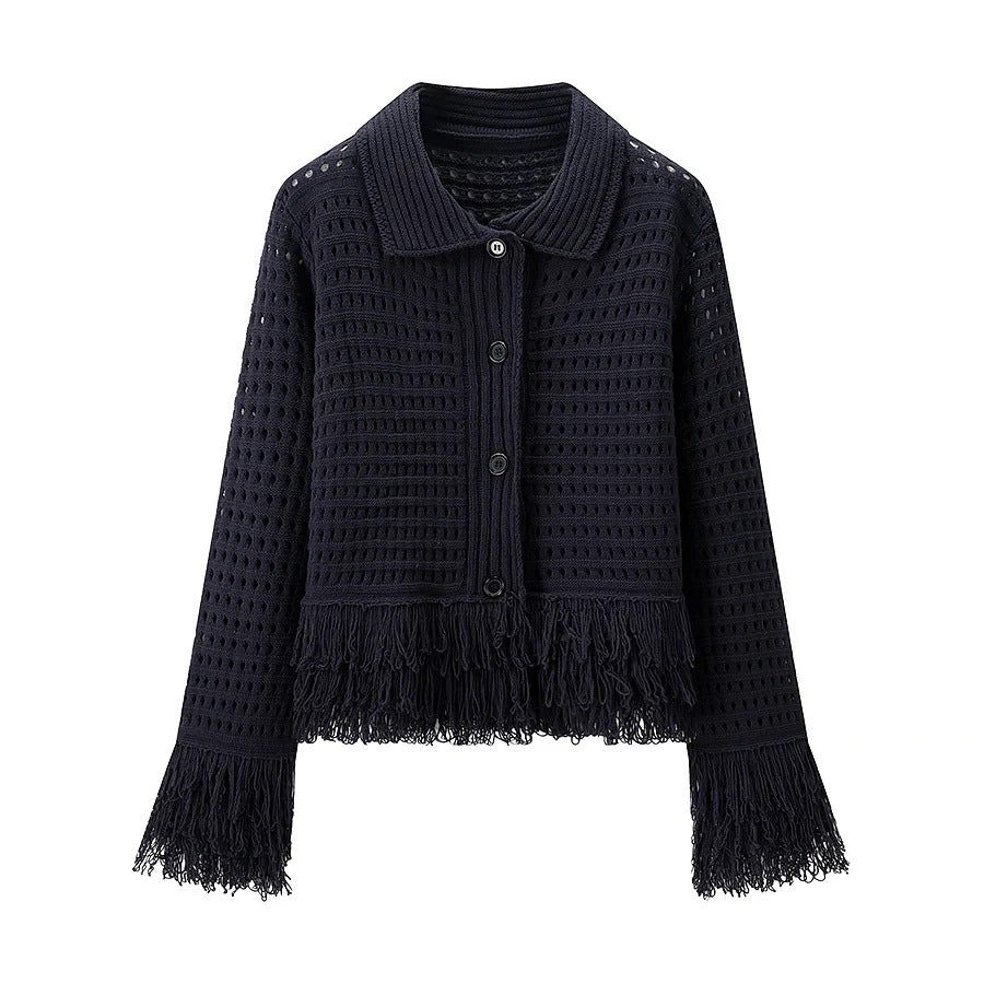 Women's crocheted openwork cardigan with fringe trim and boxy silhouette Mune Fashion