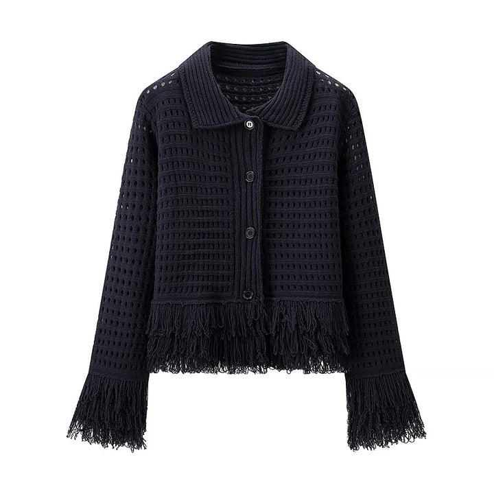 Women's crocheted openwork cardigan with fringe trim and boxy silhouette Mune Fashion