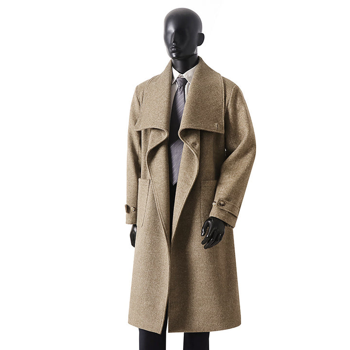 Men's Elegant Long Coat made of Wool Blend with Generous Shawl Collar and Roll-Up Cuffs Mune Fashion