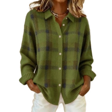 Women's Checked Knit Shirt Jacket Cardigan with Shirt Collar and Ribbed Cuffs Mune Fashion
