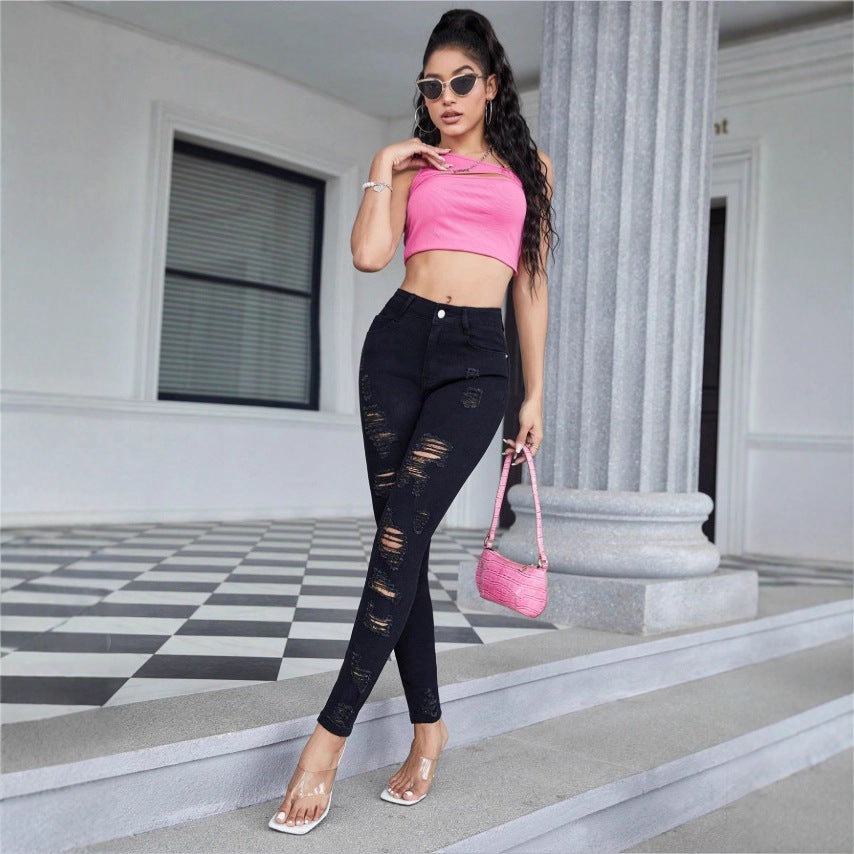 Ladies High-Waist Skinny Jeans with strong Destroy Effect Mune Fashion