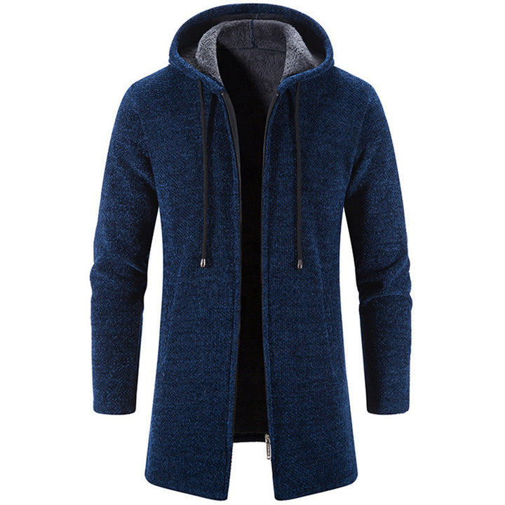 Men's longer hooded knit coat with teddy lining, full zipper and side pockets Mune Fashion
