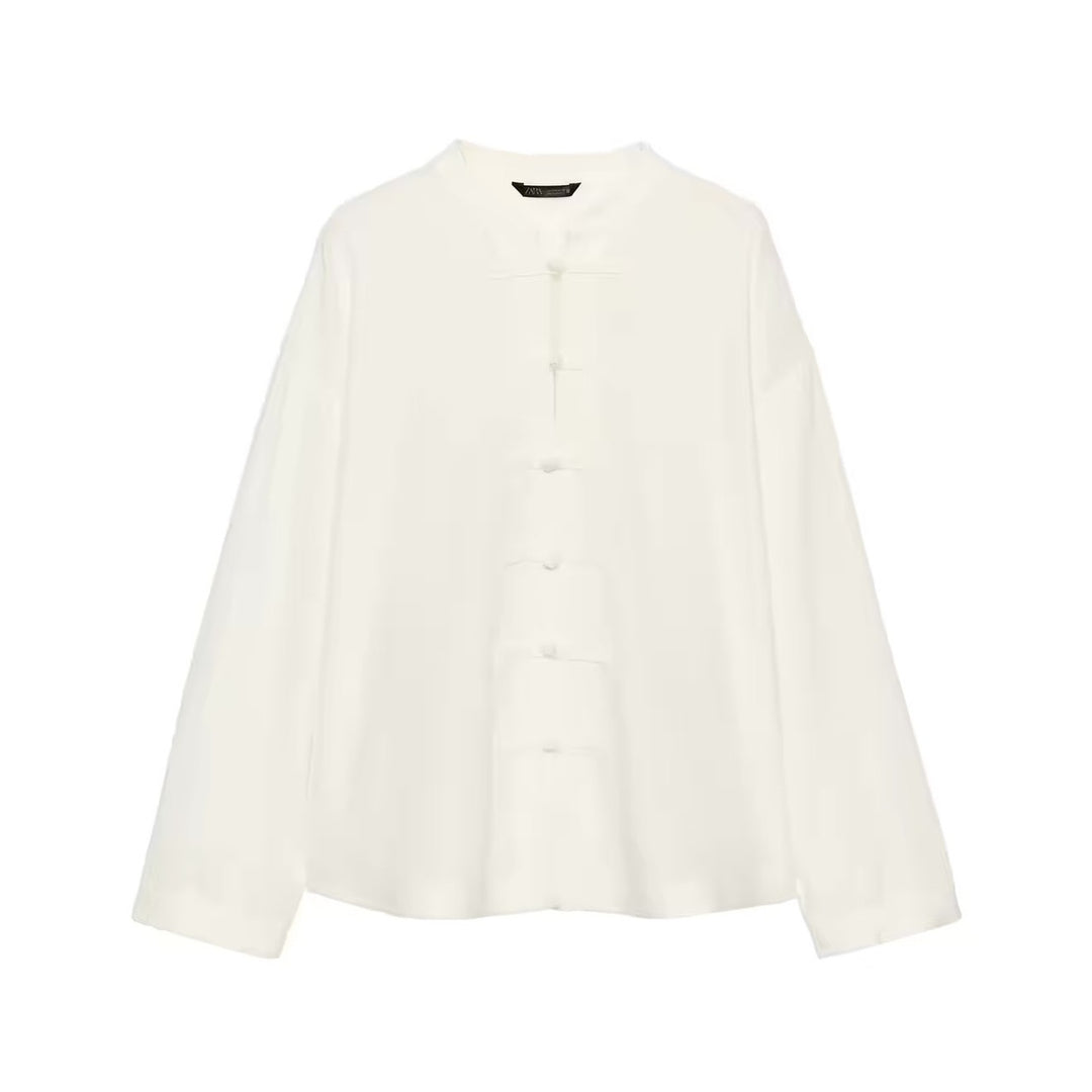Women Loose Fit Blouse in Mandarin Look with Knot Buttons Mune Fashion