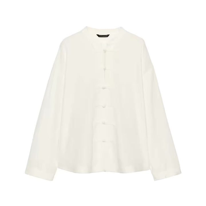 Women Loose Fit Blouse in Mandarin Look with Knot Buttons Mune Fashion