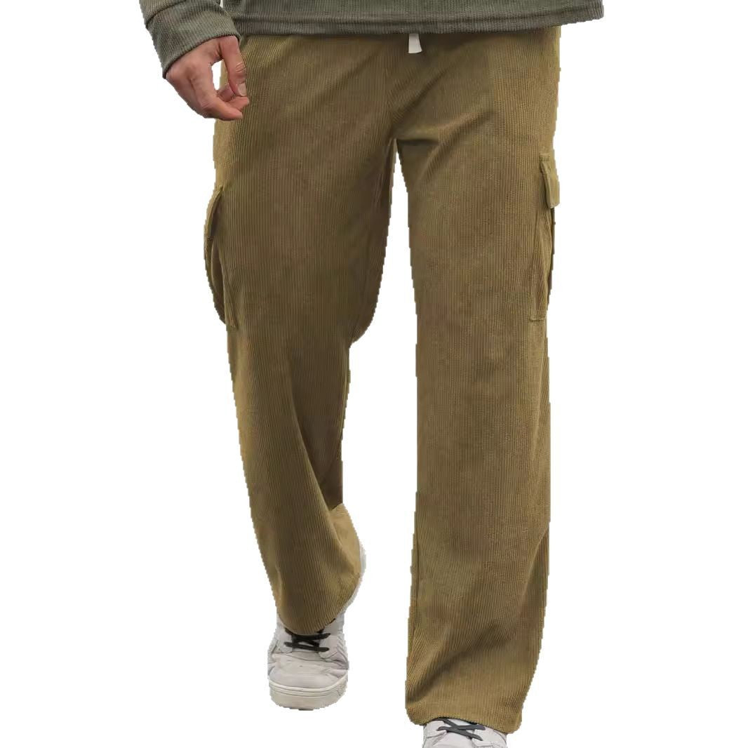 Men's loose wide corduroy cargo pants with drawstring waistband and large flap pockets Mune Fashion