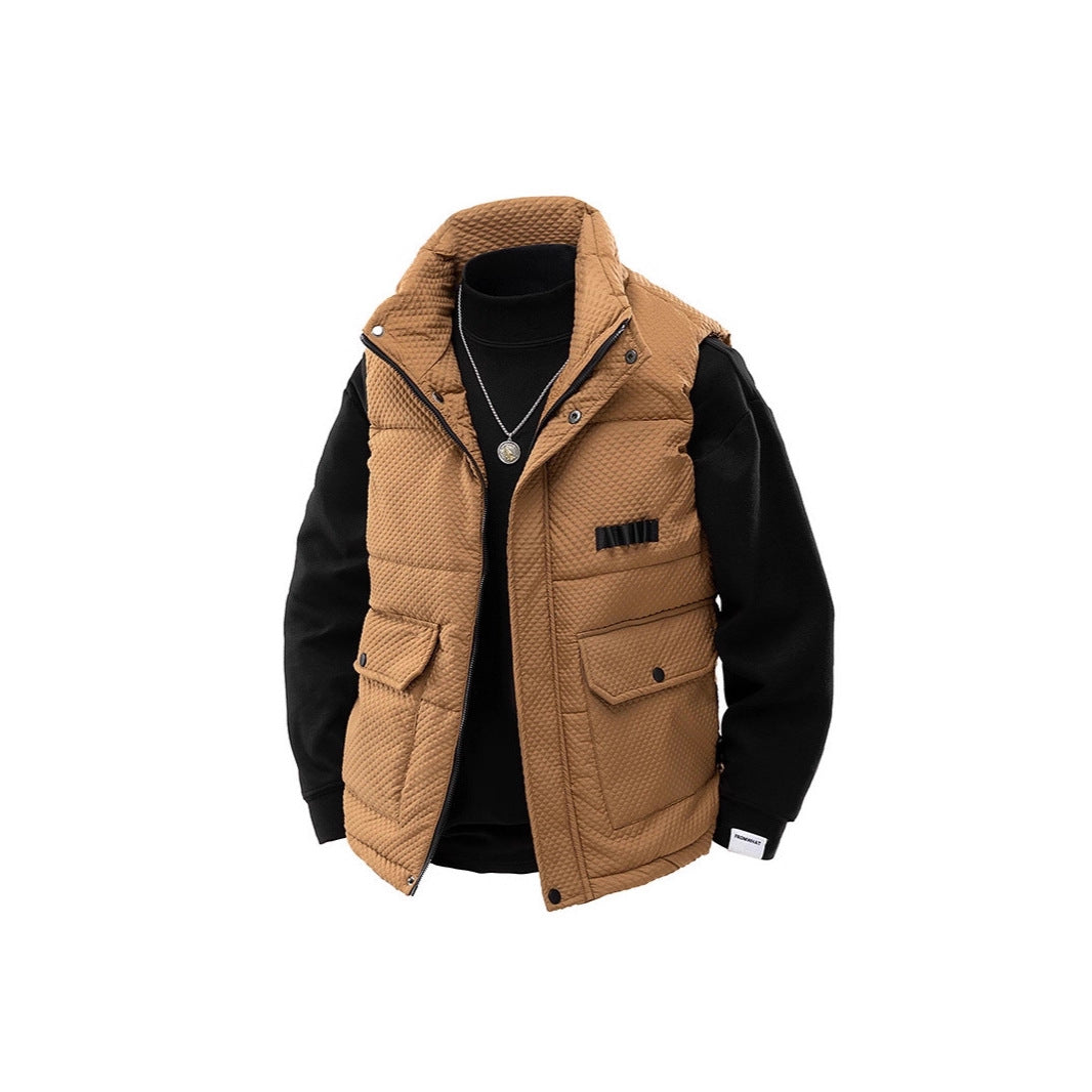 Men's Padded Quilted Vest with Utility Pockets and High Collar Mune Fashion