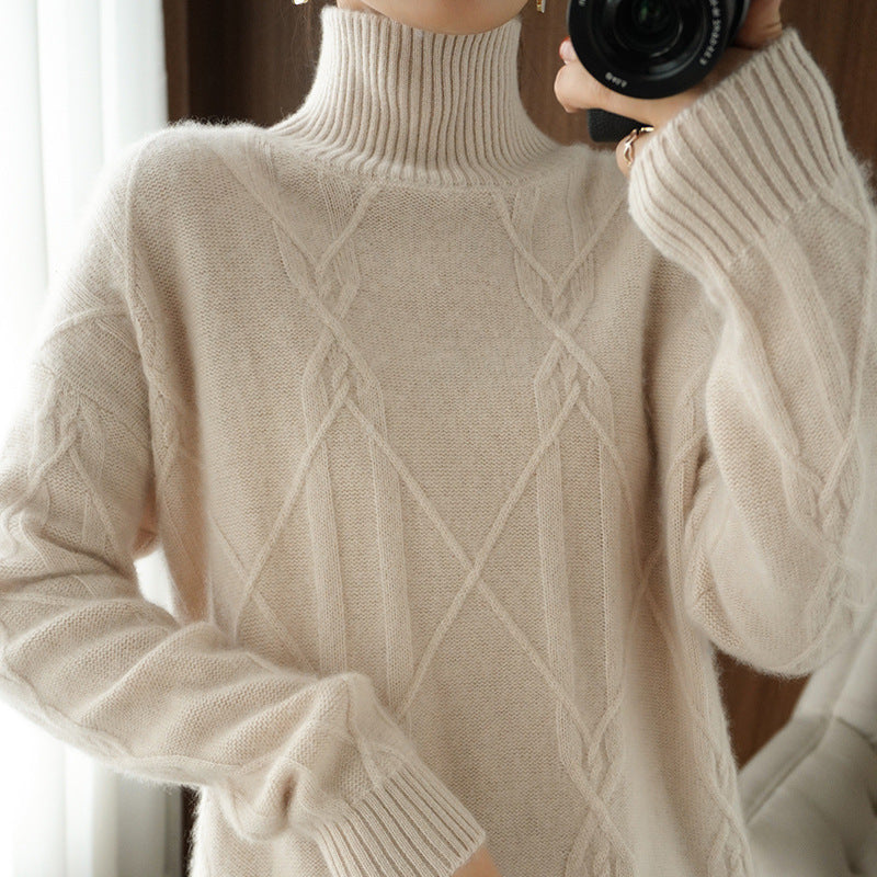 Women's Soft Mohair-Look Sweater with High Ribbed Collar, Cable Knit Pattern, and Boxy Oversized Fit Mune Fashion