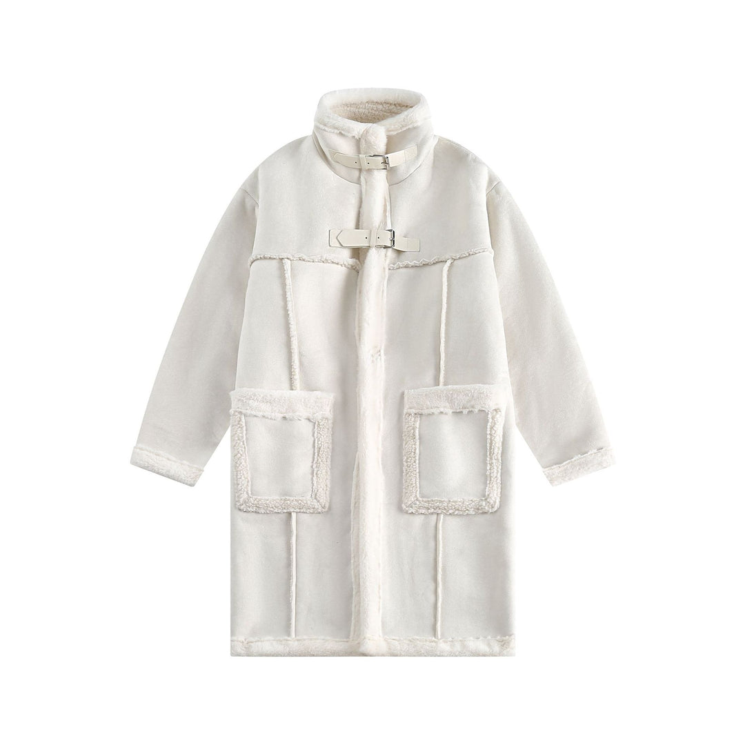 Women Long Oversize Sheepskin Imitation Coat with Stand-up Collar and Buckle Closure Mune Fashion