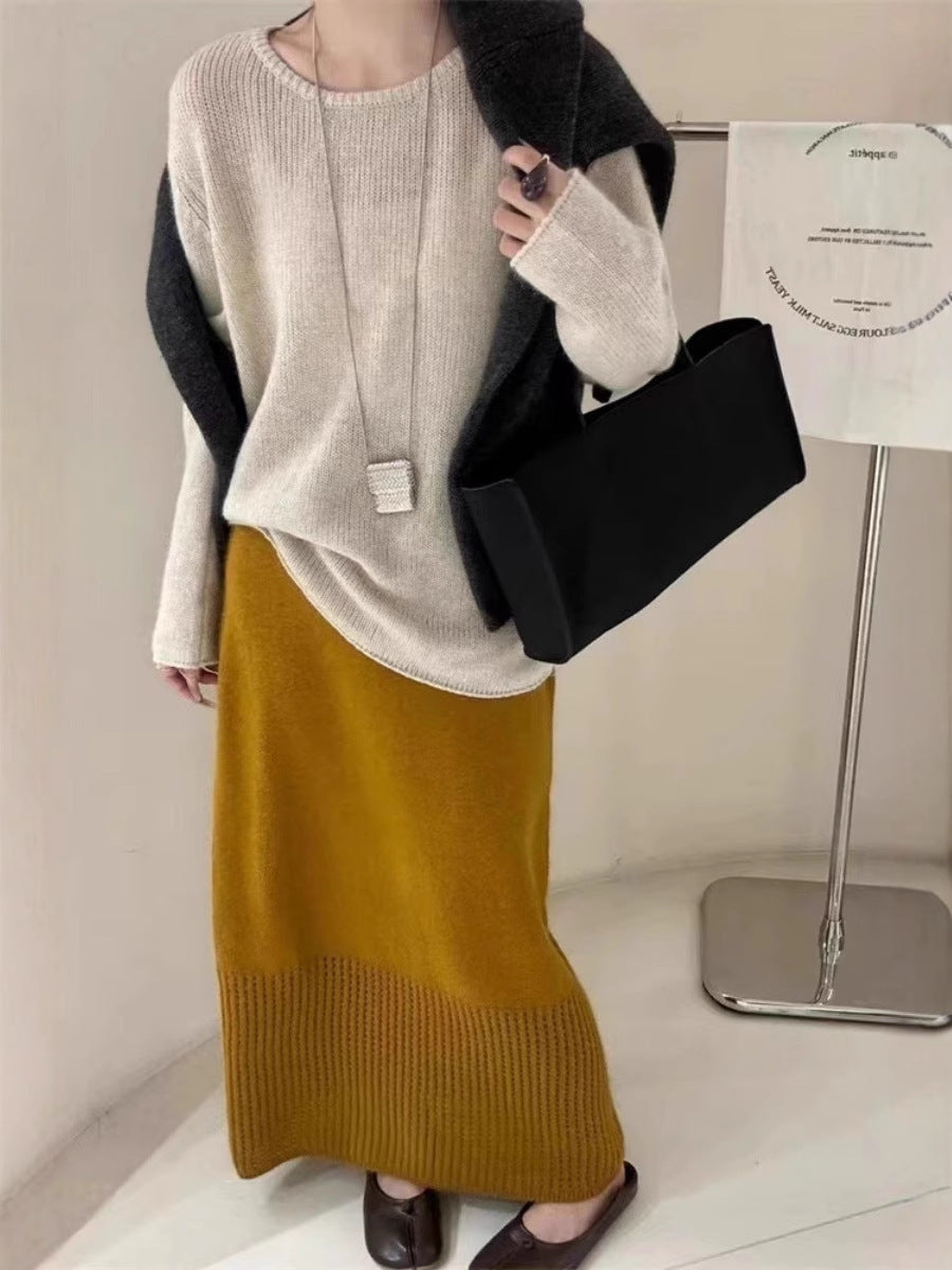 Women Light Oversize Fine Knit Sweater with Round Neck, Subtle Sheer Effect and Rounded Hem Mune Fashion