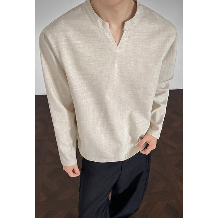 Men's Elegant Long Sleeve Top with Stand Collar Mune Fashion