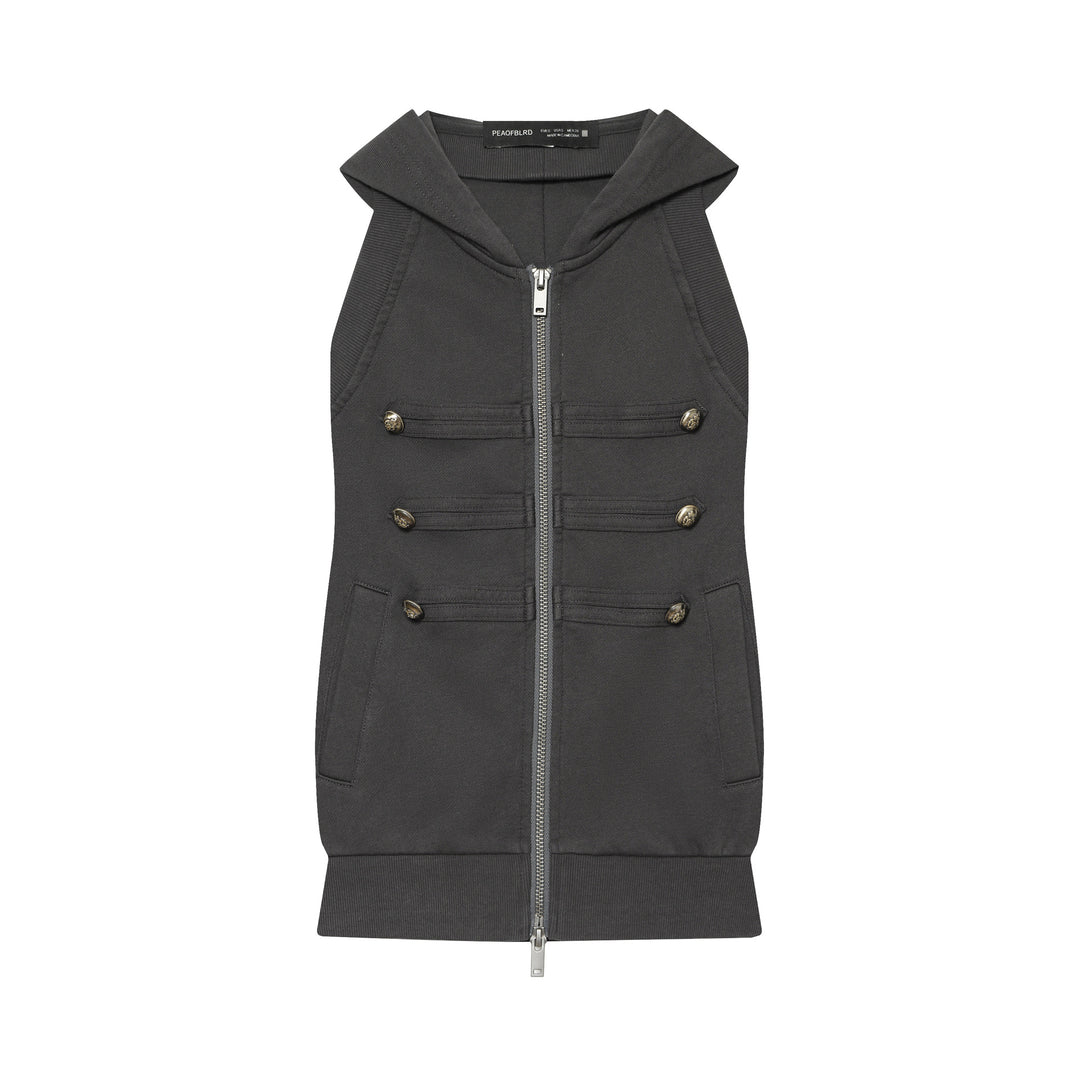 Women’s Sleeveless Hooded Vest with Decorative Button Plackets and Two-Way Zipper Mune Fashion