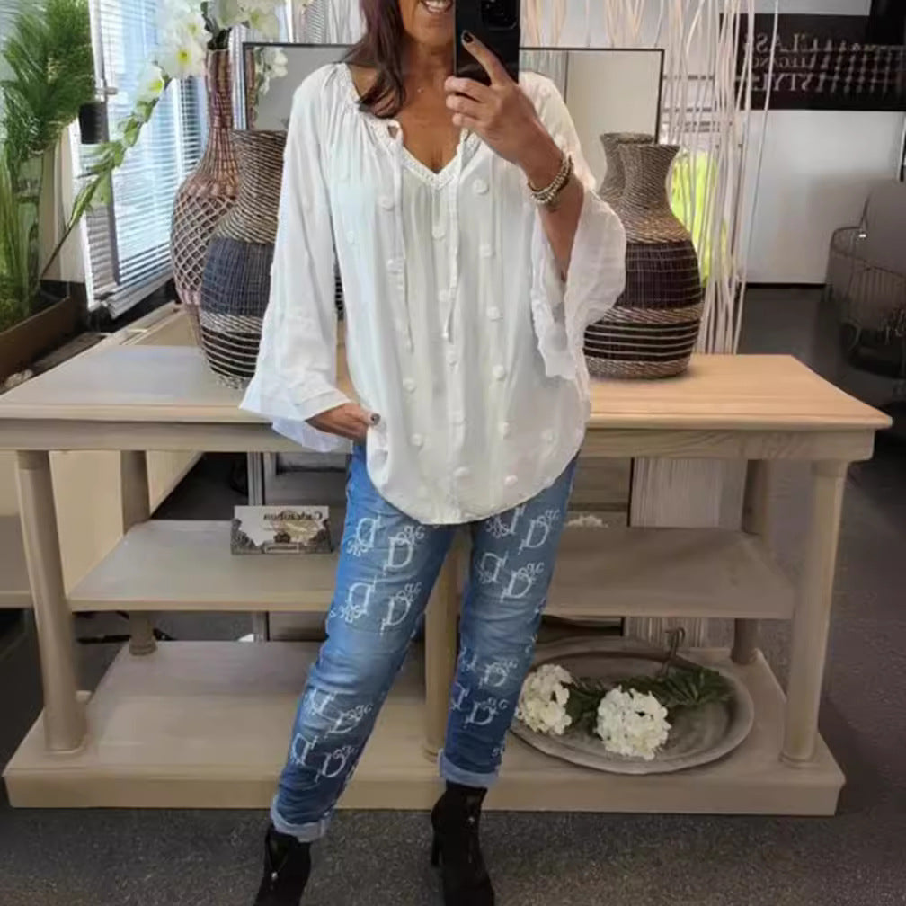 Women's lightweight Boho tunic with V-neck, three-dimensional dot texture and ruffle bell sleeves Mune Fashion